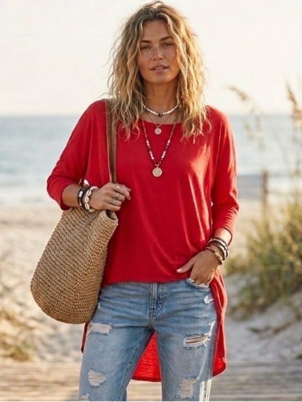 Anthropologie Michael Stars "Madison" Boatneck 3/4 Sleeve Tee in Red OS